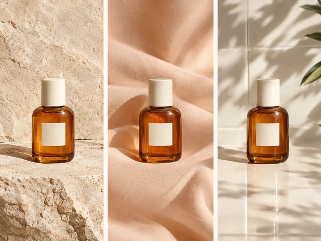 Same amber perfume bottle on stone, peach fabric and white tile