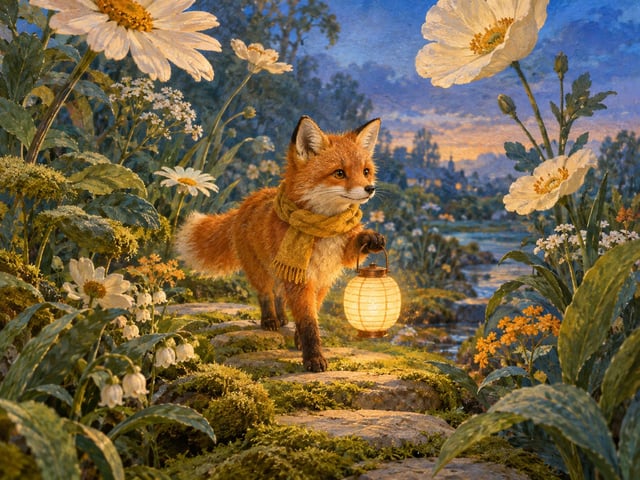 Gouache fox with a mustard scarf and lantern among oversized wildflowers