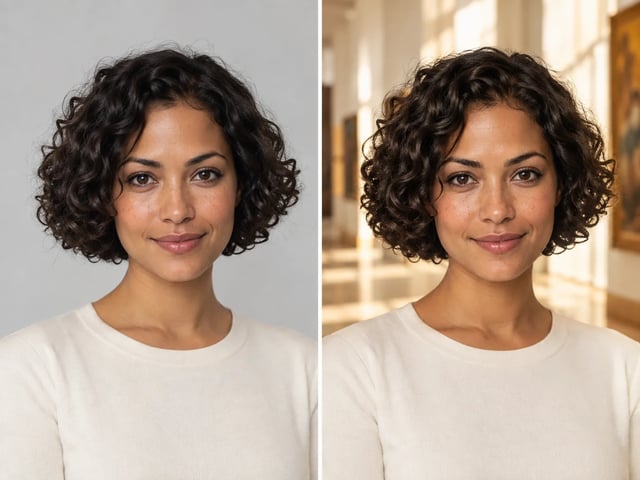 Same curly-haired woman in a neutral studio and a sunlit gallery