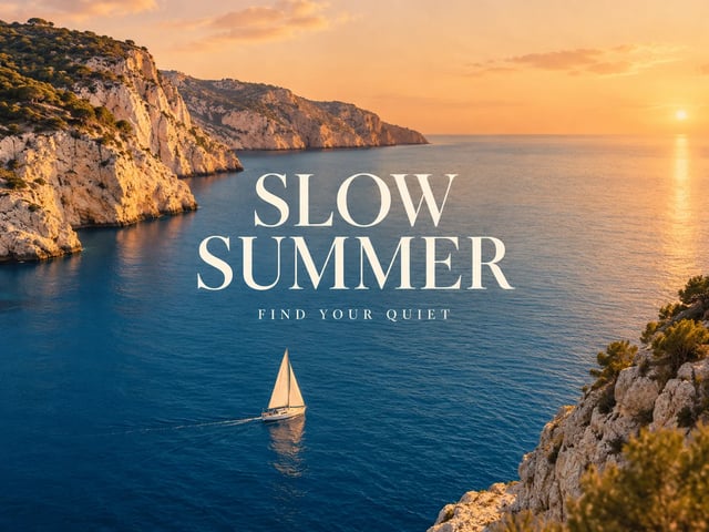 SLOW SUMMER travel poster with a sailboat beneath sunlit coastal cliffs