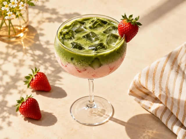 Layered strawberry matcha with fresh berries and afternoon sunlight
