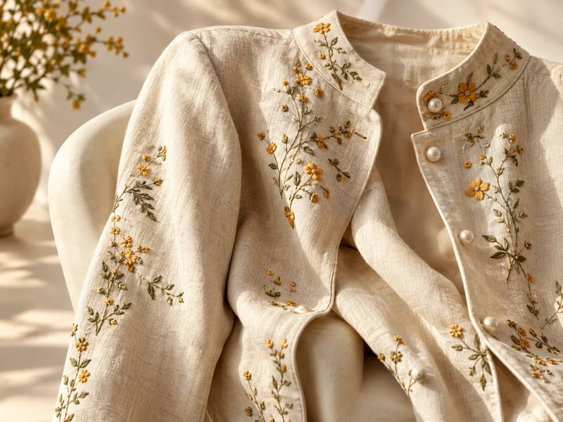 Close-up of botanical embroidery, linen fibers and pearl buttons