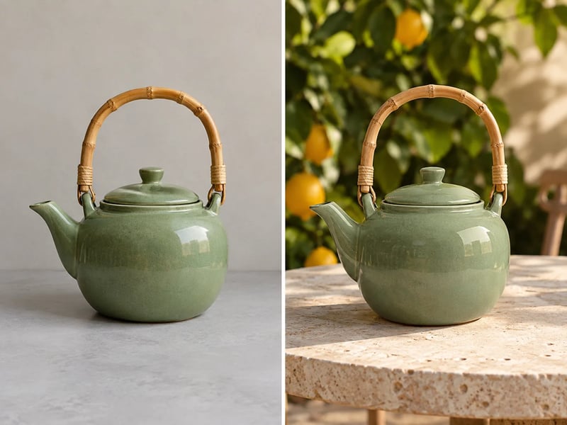 Matching sage ceramic teapot on a plain table and in a sunlit citrus garden
