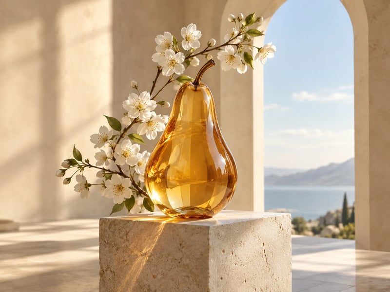 Translucent amber pear sculpture and white blossoms in sunlit architectural shadows